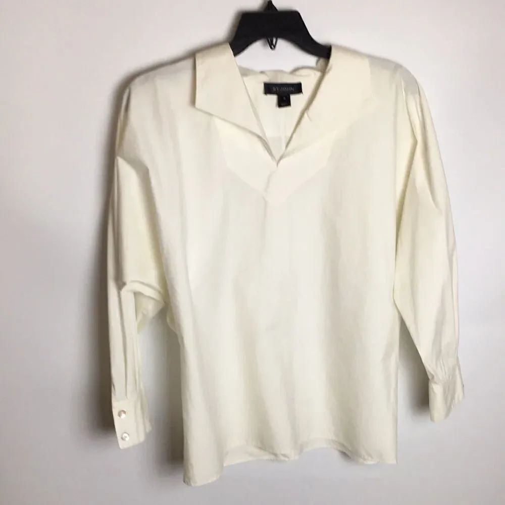 St. John Shirt White Batwing Cotton Blend Blouse Top Sz 10